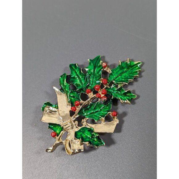 Vintage Christmas Mistletoe Green Leaf Bow Pin Brooch Gold Tone - Picture 3 of 7